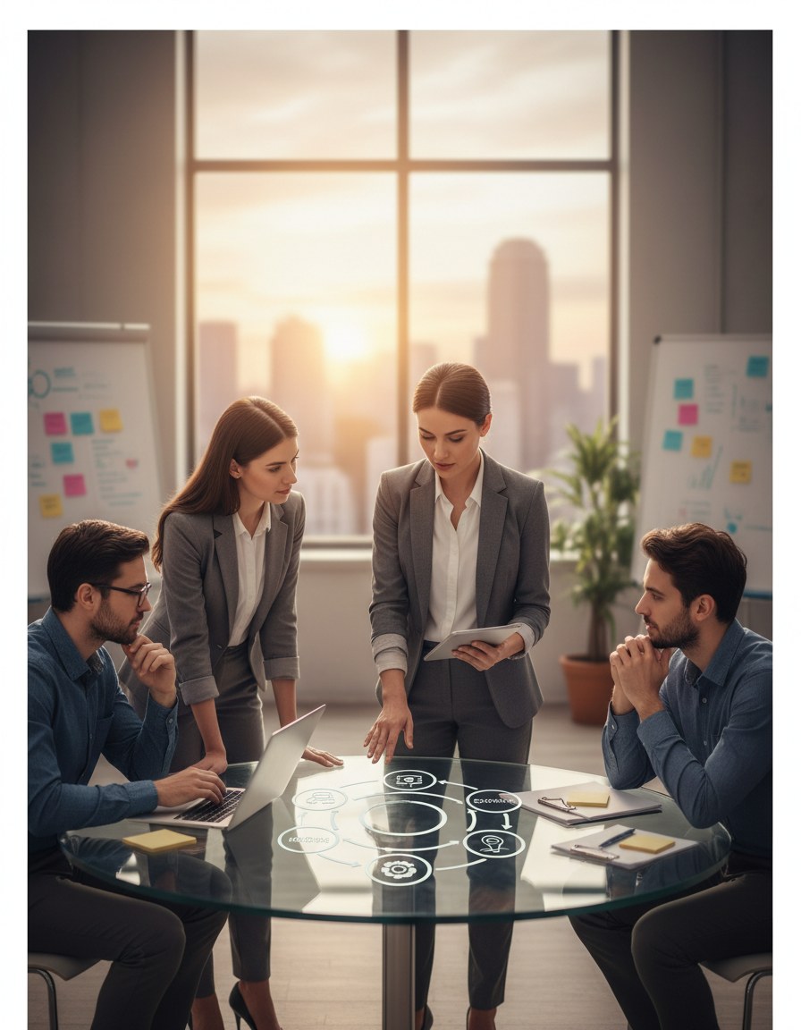 People gathered around a table discussing documents